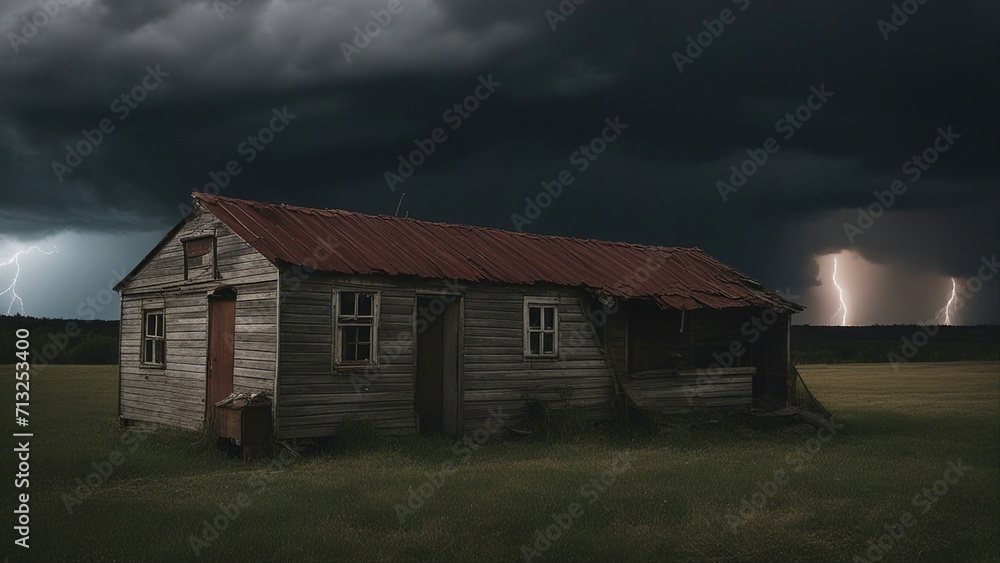 Fototapeta premium abandoned house in the fog She was living in a small house in the countryside, enjoying the peace and quiet. when the lightning storm hit 