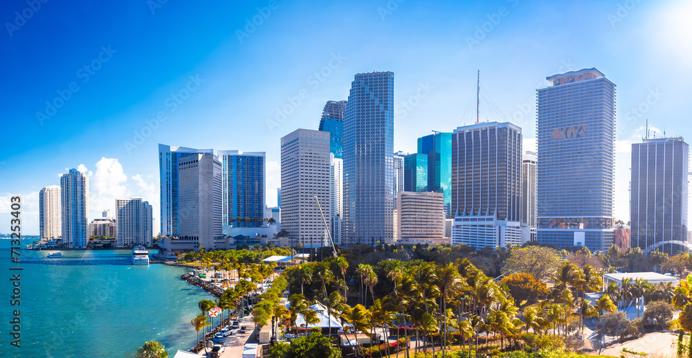 Miami skyline and Byfront park bright sunny day panoramic view, Florida