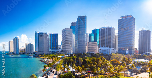 Miami skyline and Byfront park bright sunny day panoramic view, Florida