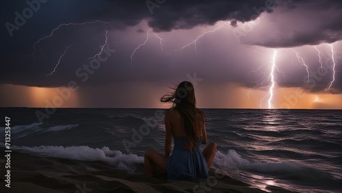 woman in the sea at sunset she was standing on the shore, watching the lightning storm over the sea at sunset. 