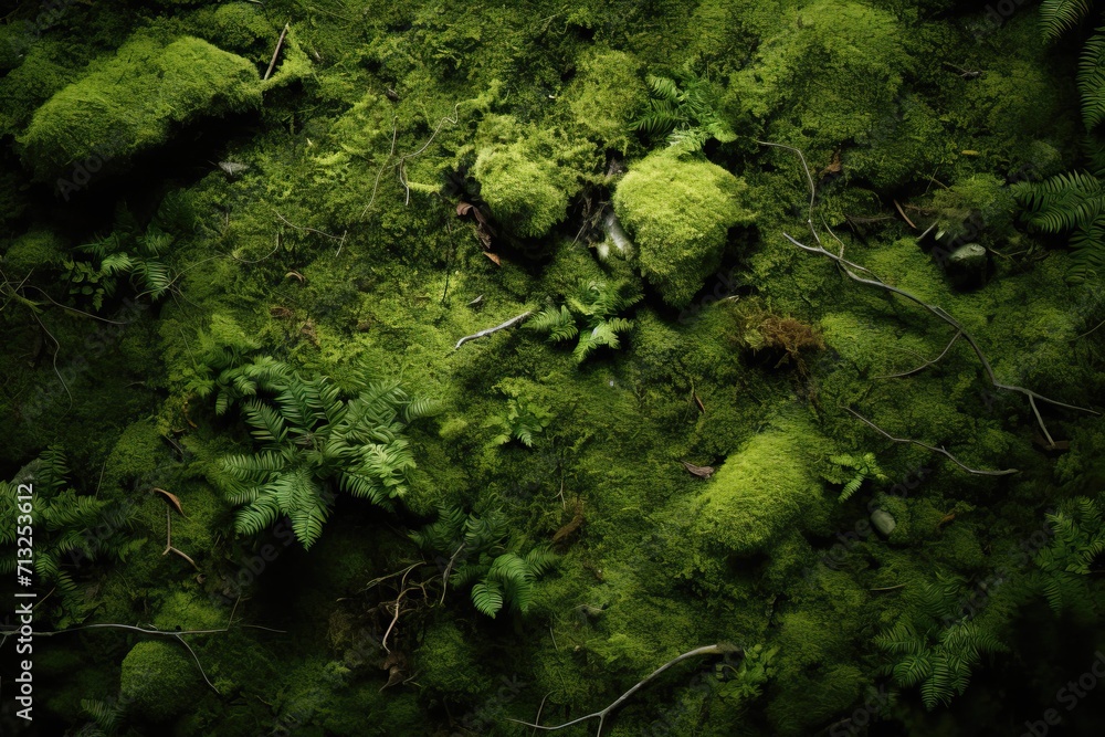 Moss growing in the forest with sticks and leaves fallen on it Moss growing in the forest with sticks and leaves fallen on it