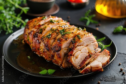 Meat dish cut into slices with vegetables and spices, potatoes as a side dish, rosemary, restaurant, meat, wallpaper, background