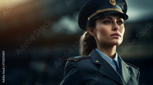 Female Soldier Gazes Into the Distance in Military Uniform, Women Day