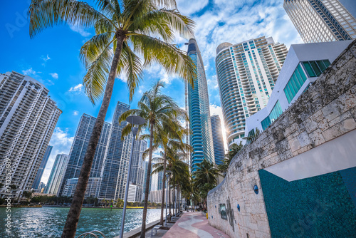 Miami Brickell waterfront walkway and skyline view, Florida © xbrchx