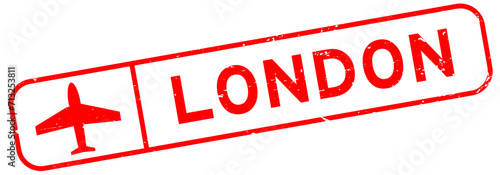 Grunge red london word with plane icon square rubber seal stamp on white background