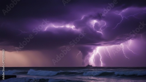 lightning over the sea A powerful and destructive tornado over the sea, with multiple lightning bolts striking around it. 