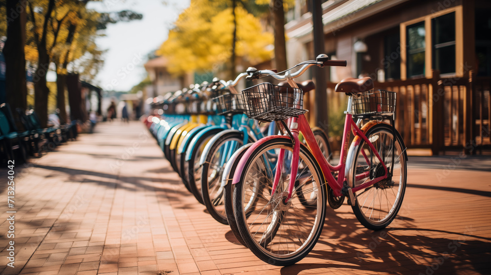 Outdoor Cycling Haven. Colorful Bicycles Lined up at a Bike Rack
