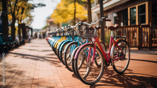 Outdoor Cycling Haven. Colorful Bicycles Lined up at a Bike Rack © Katrin_Primak