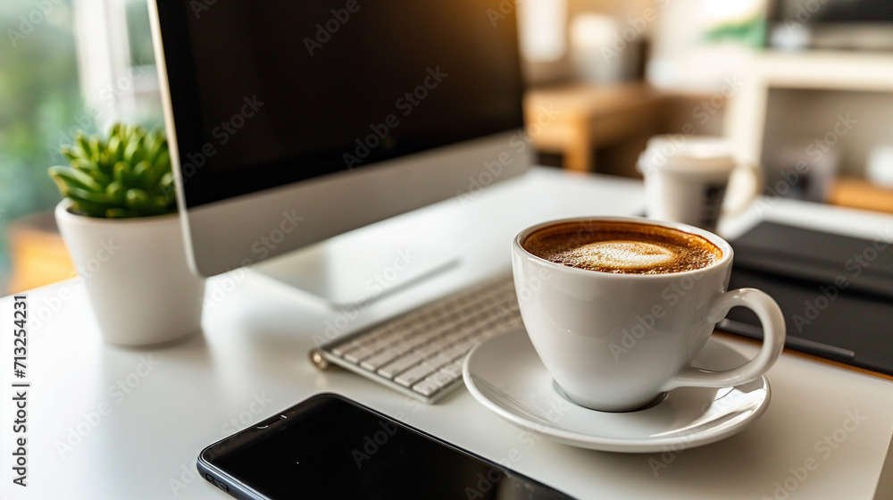 a minimalist workspace with a modern computer, a sleek notebook, and a cup of coffee a minimalist workspace with a modern computer, a sleek notebook, and a cup of coffee