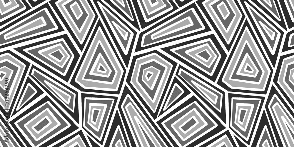 Seamless hand painted abstract geometric polygon stripe tribal patchwork pattern transparent overlay. Dynamic bold diamond geode triangles mosaic background texture in monochrome black white and grey.