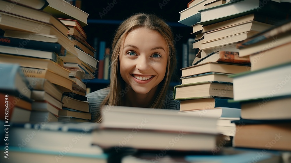 Young Girl Resting on Stack of Books for Reading, World Book Day Young Girl Resting on Stack of Books for Reading, World Book Day