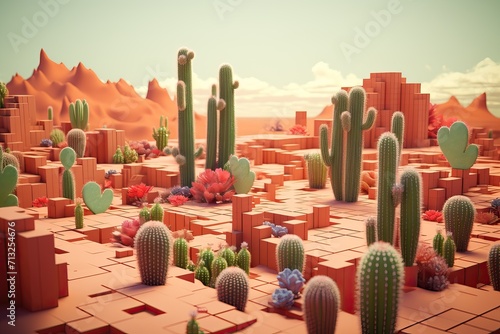 Cute miniature cactus desert isometric view