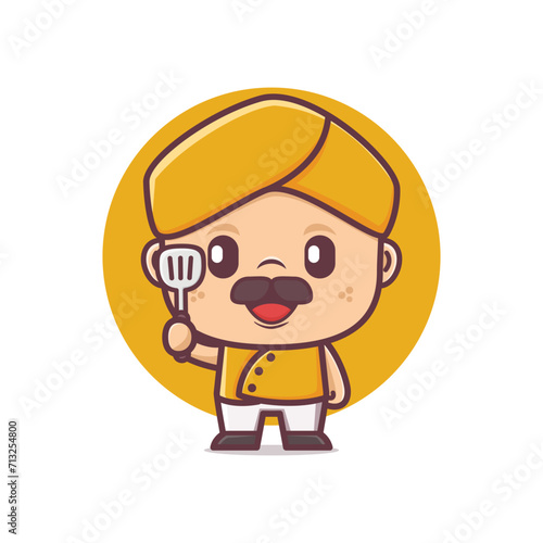 cute chef in yellow uniform holding spatula. cartoon vector illustration