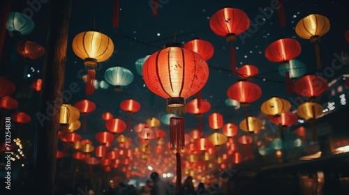 Lanterns Hanging in the Air, A Colorful Display of Illuminated Floating Lights,Happy New Year
