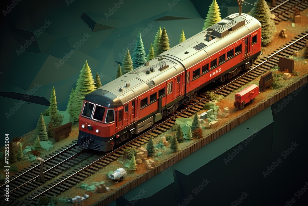 Cute cartoon train on a background of trees in an isometric view - obrazy, fototapety, plakaty 
