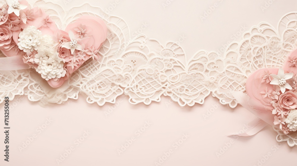 A soft background featuring intricate lace patterns adorned with delicate heart shapes, perfect for a touch of elegance