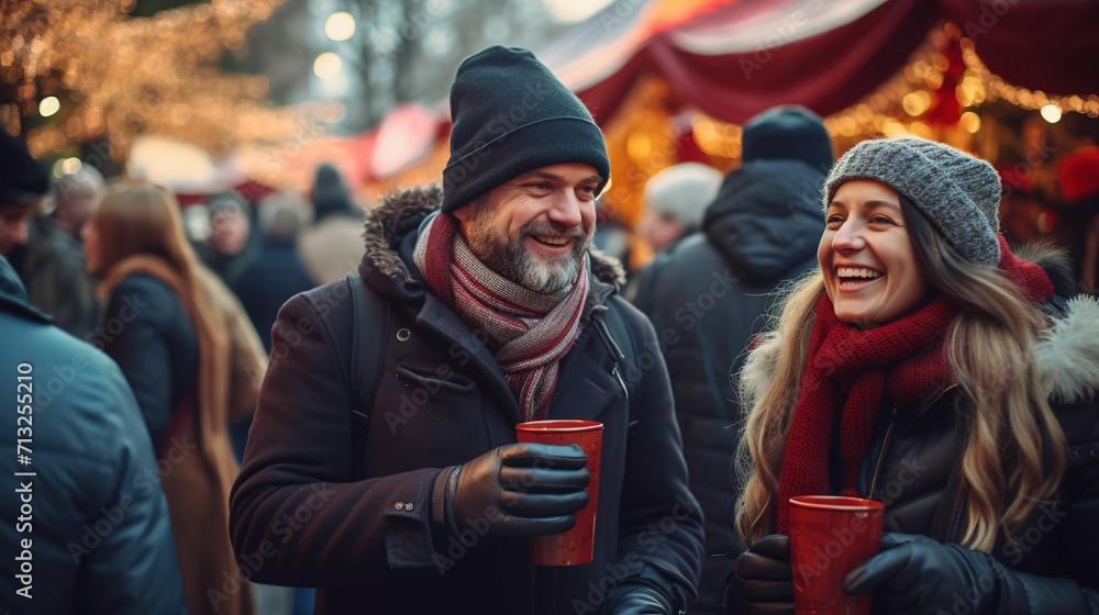 A middle-aged man and a woman flirt on their first date at a Christmas market while holding cardboard cups of hot drink, Generated AI