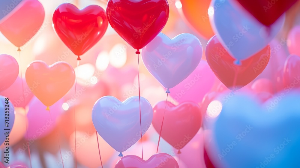 Cheerful scenes of a bouquet of heart-shaped balloons, creating a vibrant and festive backdrop for Valentine's Day or birthday