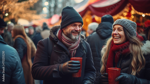 A middle-aged man and a woman flirt on their first date at a Christmas market while holding cardboard cups of hot drink, Generated AI © Ekaterina