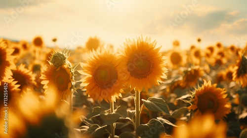 Majestic Sunflowers Embracing the Sun Through Dramatic Clouds in a Vast Field, Spring