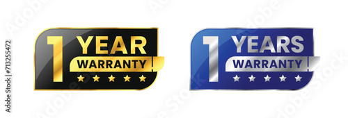 1 Year warranty label, badge, icon, logo. Parallelogram rhombus shape with gold and silver color. Vector Illustration