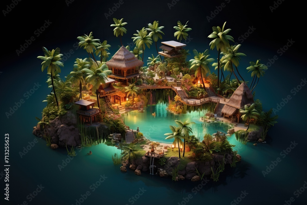 Cute tropical island with houses, isometric view
