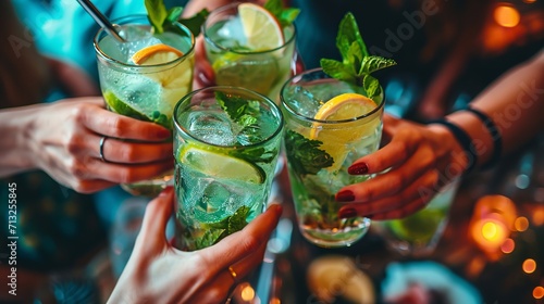 Top image of a cocktail bar restaurant with keen female hands holding mojito drink glasses, Generative AI.