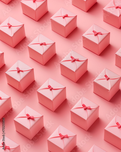 valentine gift pink boxes with ribbon arranged on a pink background in the style of photography installations, pastel colors, advertising-inspired.  Love and women's day background	