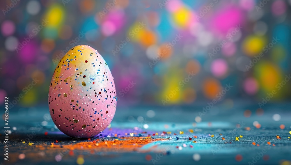 Colorful easter egg with confetti on bokeh background Colorful easter egg with confetti on bokeh background