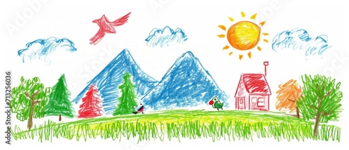 A naive children's drawing with colored chalk on white paper, made by hand by a child, shows a mountain, a sun, birds and a house isolated on white background photo