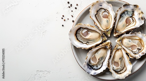 Top view of a plate of raw oyster with a big copy space, Generative AI. photo