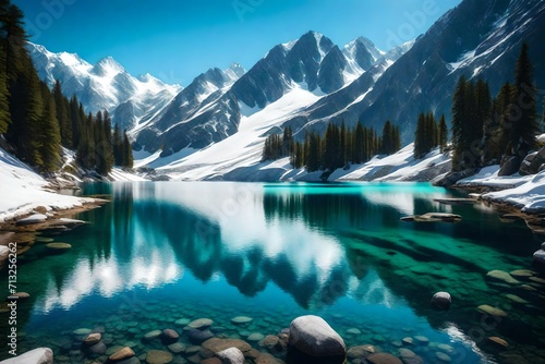 lake between the snowy mountains