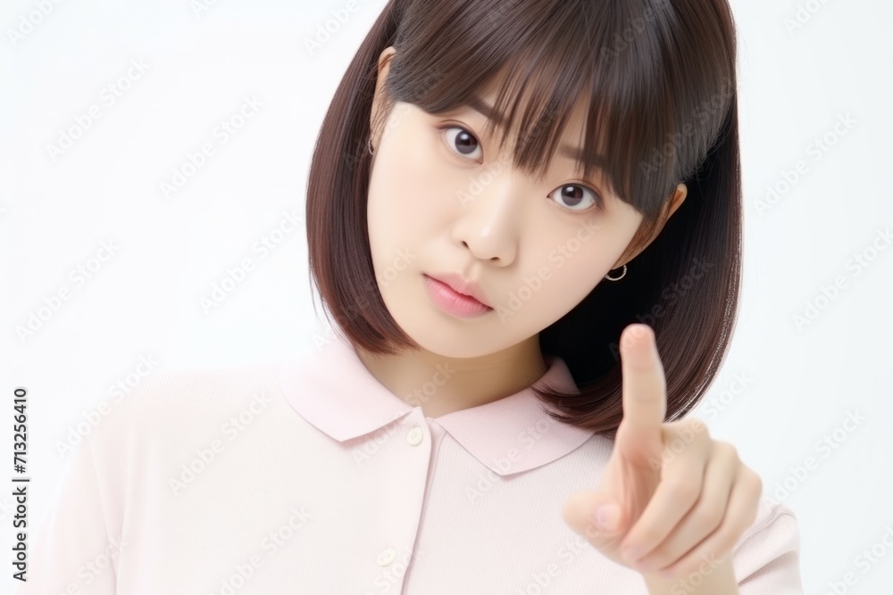 Close up portrait curious serious young Japanese woman student lady girl businesswoman elegant shirt hand pointing index finger gesturing sign choosing you looking at camera isolated white background Close up portrait curious serious young Japanese woman student lady girl businesswoman elegant shirt hand pointing index finger gesturing sign choosing you looking at camera isolated white background