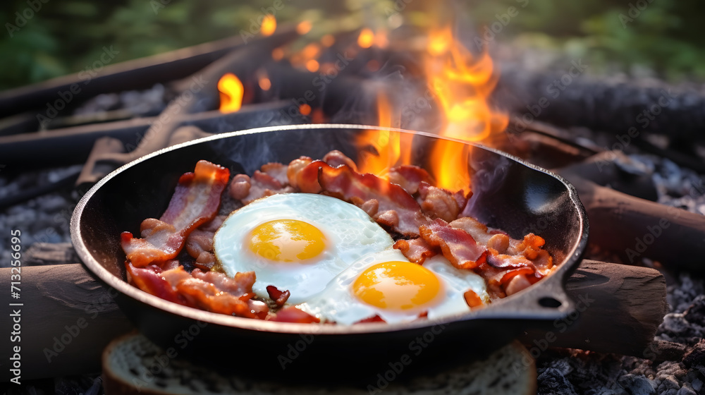 Camping breakfast with bacon and eggs in a cast iron skillet. Fried eggs with bacon in a pan in the forest. Food at the camp. Scrambled eggs with bacon on fire. Picnic Camping breakfast with bacon and eggs in a cast iron skillet. Fried eggs with bacon in a pan in the forest. Food at the camp. Scrambled eggs with bacon on fire. Picnic