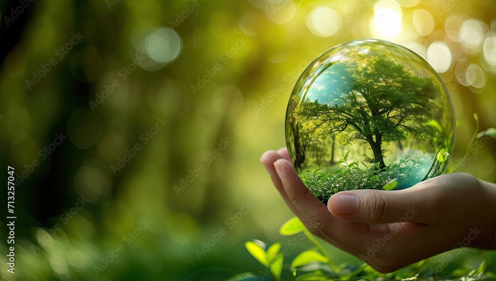 Hand holding a crystal ball with nature background. Earth Day concept.