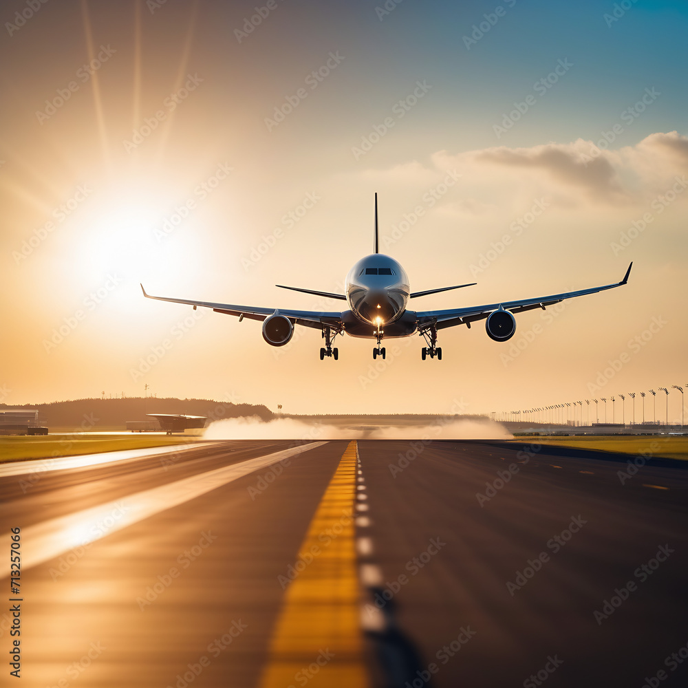 Airplane on the runway at sunset Airplane on the runway at sunset