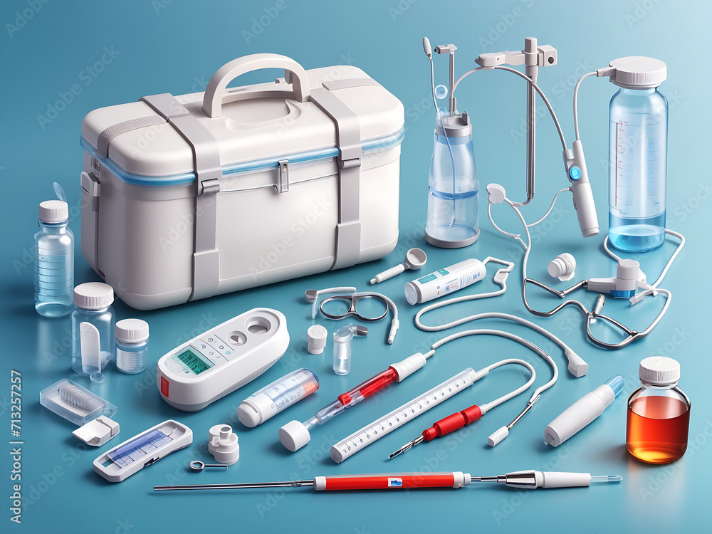 Pharmacy medical kit with realistic 3d medical equipment. Collection for first aid. Temperature measurement, throat treatment, medical help concept. Vector illustration design. Pharmacy medical kit with realistic 3d medical equipment. Collection for first aid. Temperature measurement, throat treatment, medical help concept. Vector illustration design.