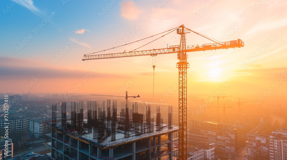 Sunrise Over Construction Site with Steel Framework of Building in Progress, Industrial Crane at Work, Urban Development Concept Sunrise Over Construction Site with Steel Framework of Building in Progress, Industrial Crane at Work, Urban Development Concept