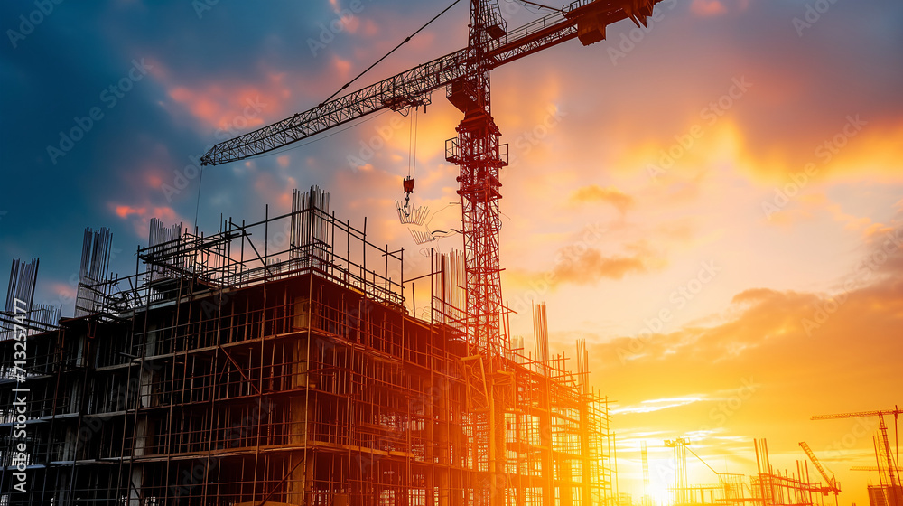 Sunrise Over Construction Site with Steel Framework of Building in Progress, Industrial Crane at Work, Urban Development Concept