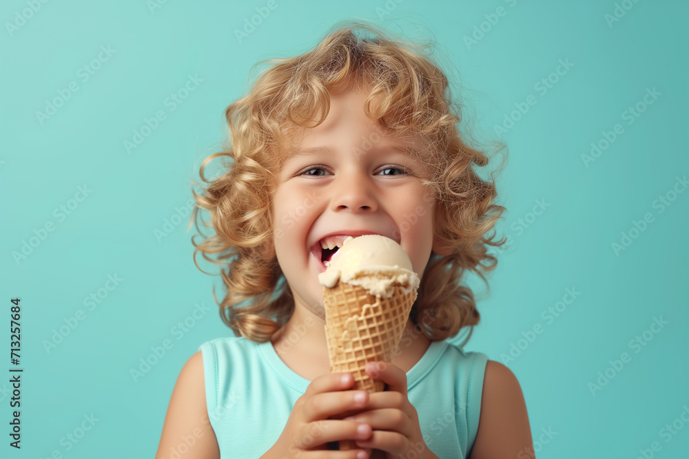 Baby boy kid hold ice cream in waffles cone on blue mint background. Cute boy eating ice cream. Cheerful kid eating ice cream in waffle cone isolated on blue. Baby boy kid hold ice cream in waffles cone on blue mint background. Cute boy eating ice cream. Cheerful kid eating ice cream in waffle cone isolated on blue.