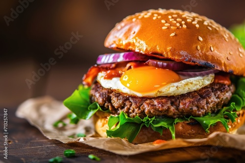 fried egg burger with lettuce, egg, beef patty, cheese, onion, oil served on wooden board