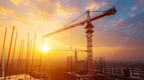 Sunrise Over Construction Site with Steel Framework of Building in Progress, Industrial Crane at Work, Urban Development Concept