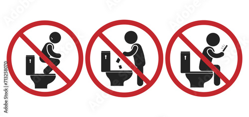 Bundle set of isolated prohibition rest room sign, do not sit squat on top of WC, no littering on toilet, no cellphone on restroom