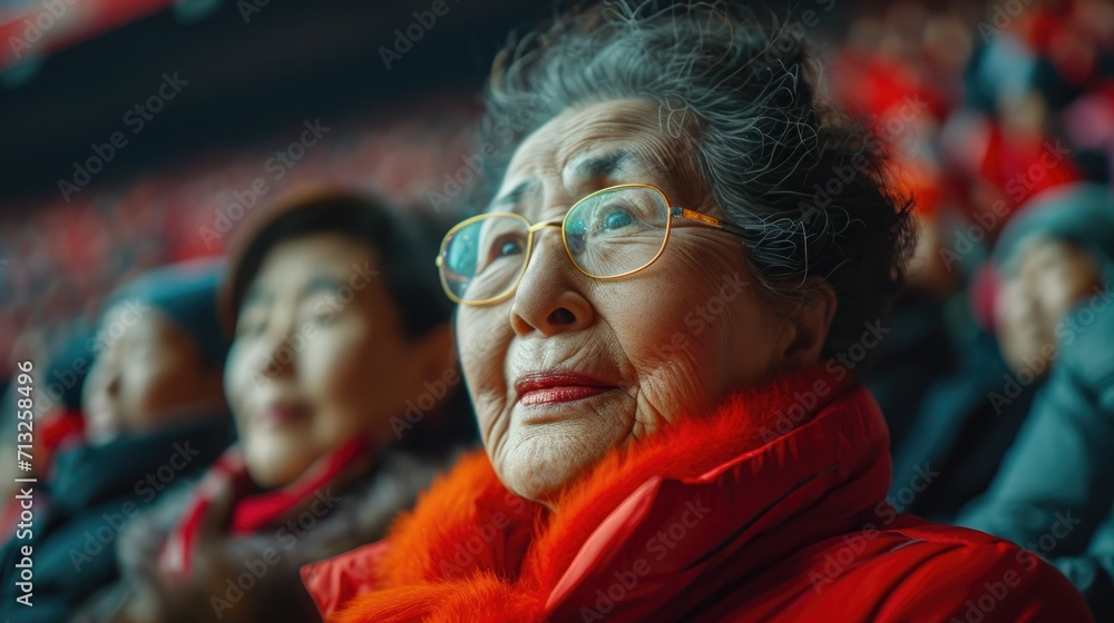Focus on serious senior chinese woman sitting on crowded tribune, watching football match and cheering up favorite national team.