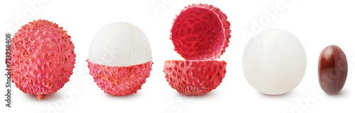 Fresh lychee fruits, half and pieces in a row isolated on white background