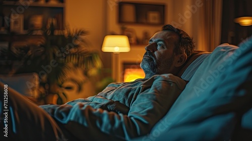 Man lying on couch at home and watching TV in the evening