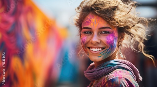 Smiling Redheaded Girl Looks Directly at the Camera With Delight, Holi