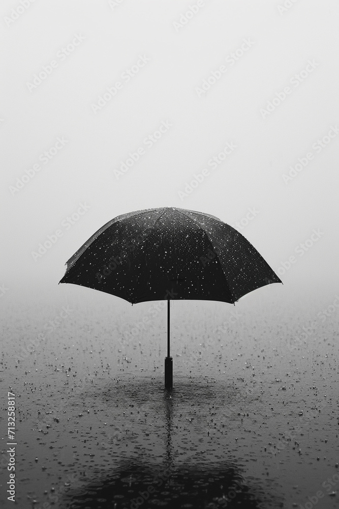 A minimalist scene of a lone, black umbrella amidst a grey, rainy sky,