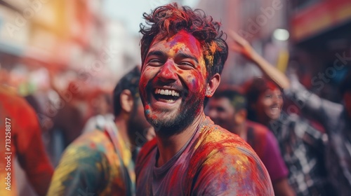 Man Standing in Crowded Street, Holi