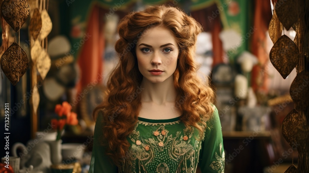 Woman With Long Red Hair in Green Dress Standing Outdoors, St Patricks Day